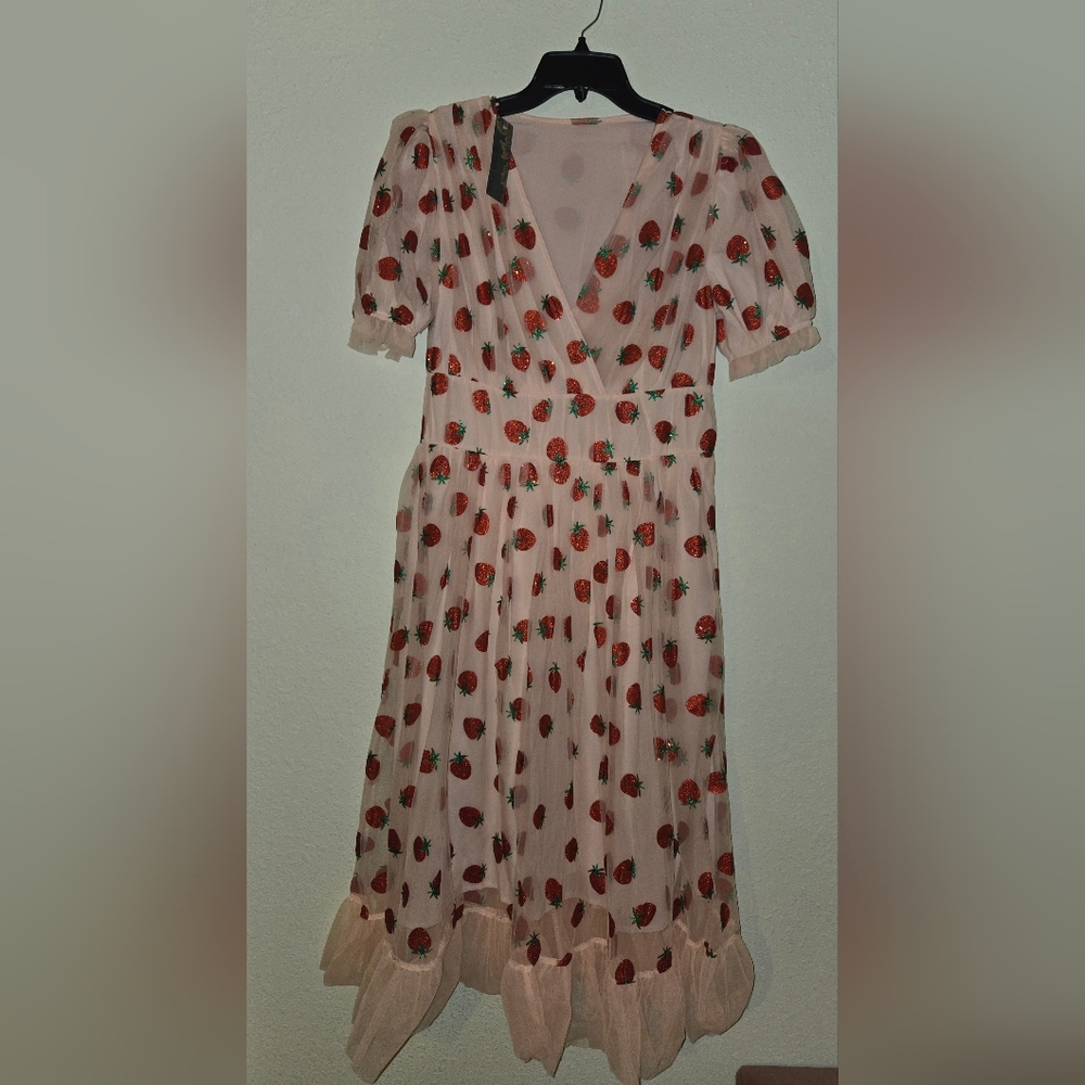 Retro Pink Strawberry Print Lace Dress